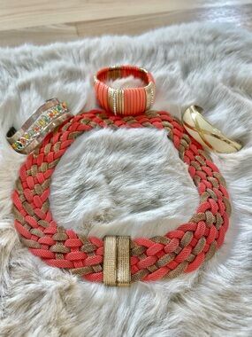 Braided Coral and Tan Statement Necklace with bundle of coordinating bracelets
